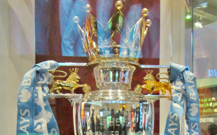 The Premier League trophy in the Sky Blue of Manchester City