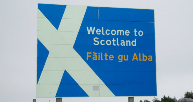 Welcome to Scotland, reads a road sign on the A1