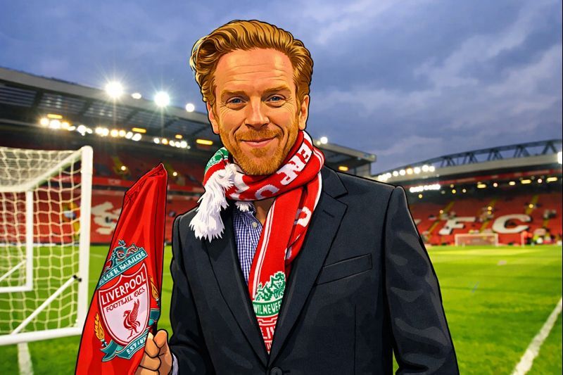 damien lewis liverpool fan at anfield wearing scarf illustration